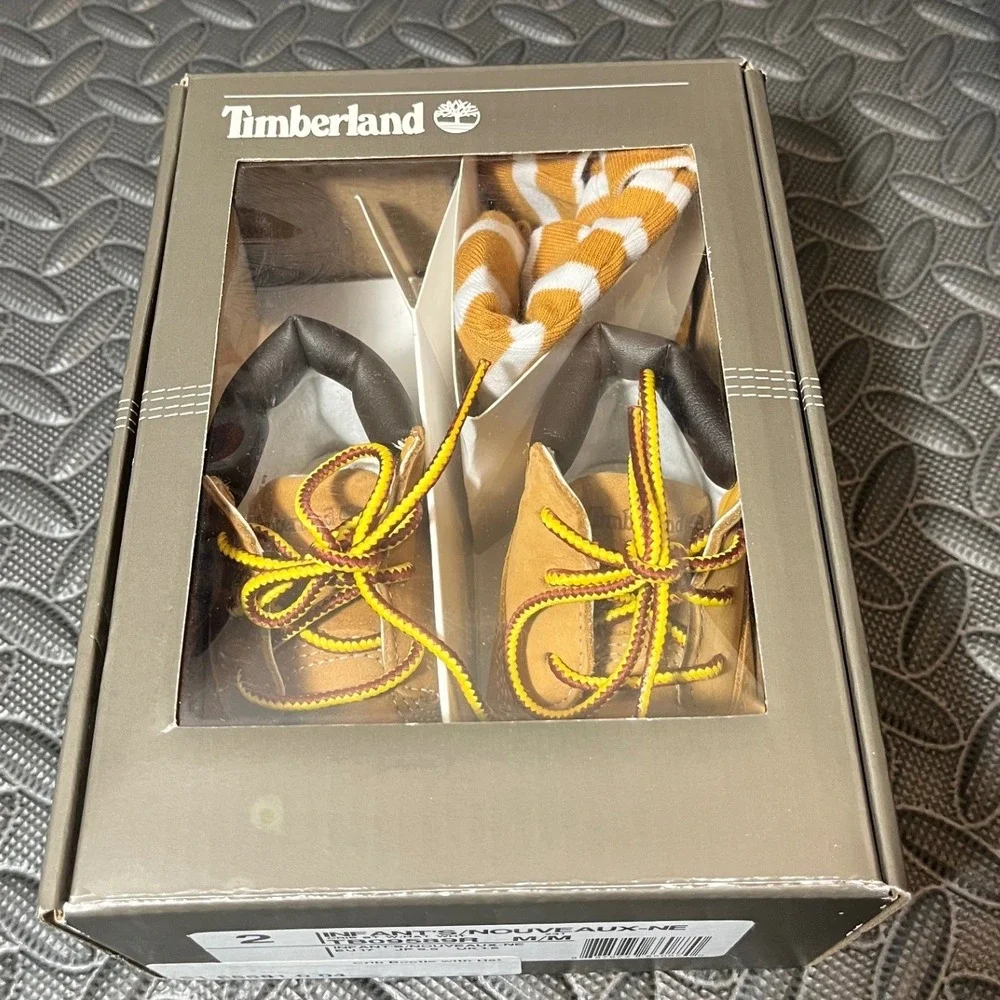 Timberland Newborn Infant Soft Bottom Wheat Toddler Shoes Crib Booties Cap Set 2